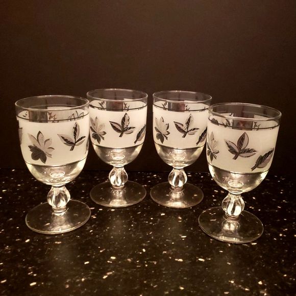 Libbey Frosted Silver Leaf Goblets Glasses Mid Century Modern Vintage Retro - Picture 1 of 9